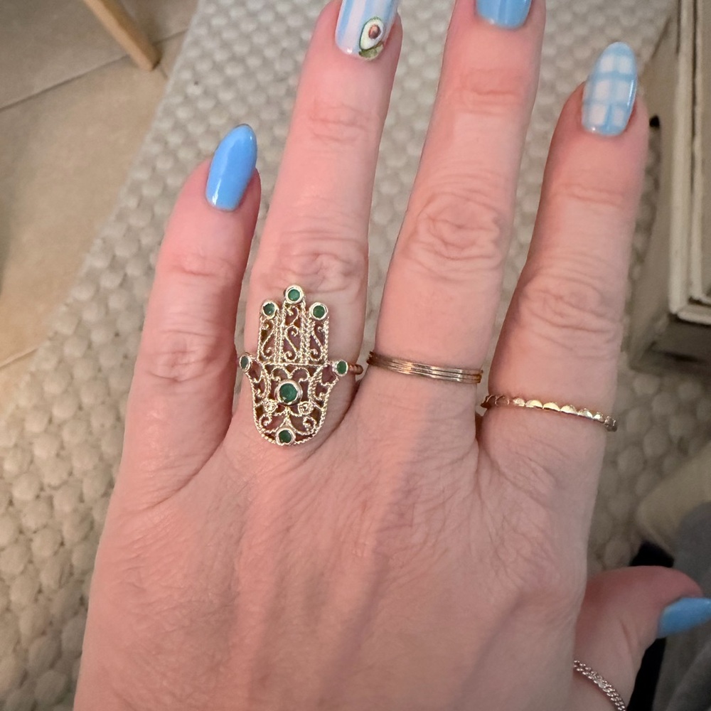 Elegant Gold and Green Hamsa Hand Ring